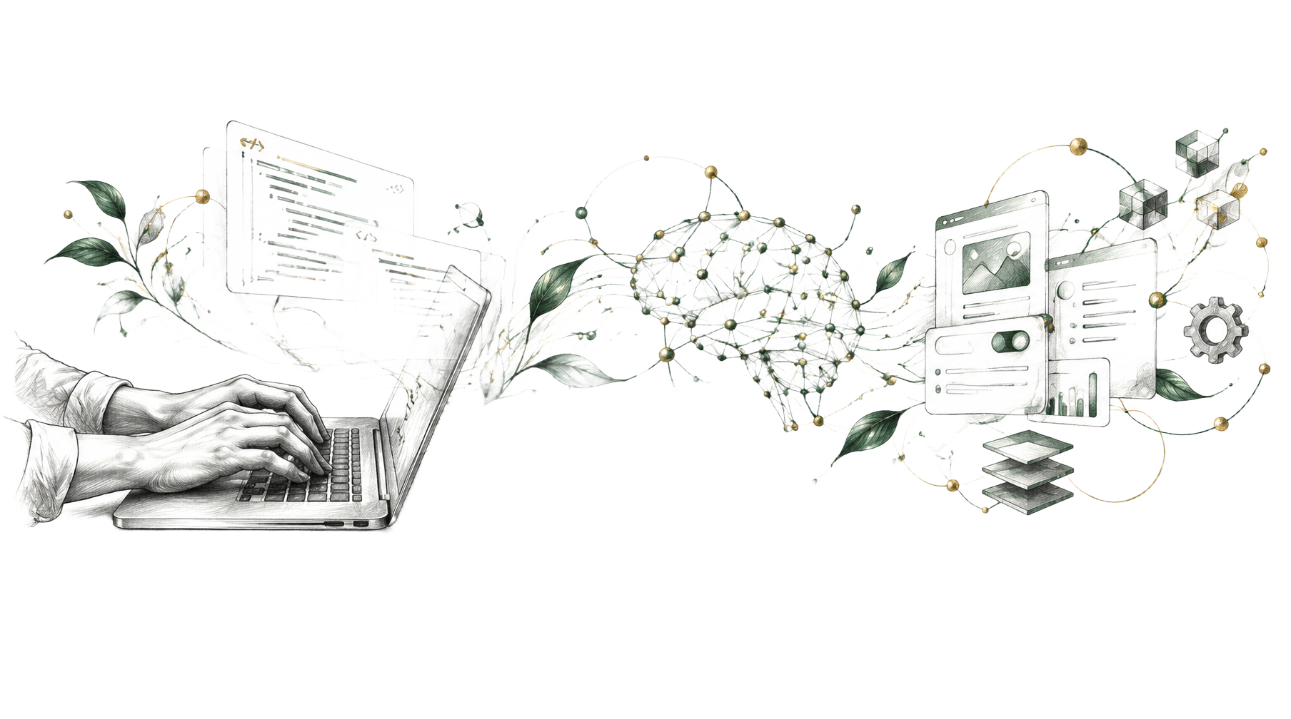 A hand-drawn AI development system connecting code, intelligence and digital products